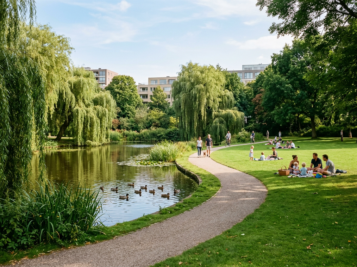 A calm pond with willows and a curved footpath in Beatrixpark