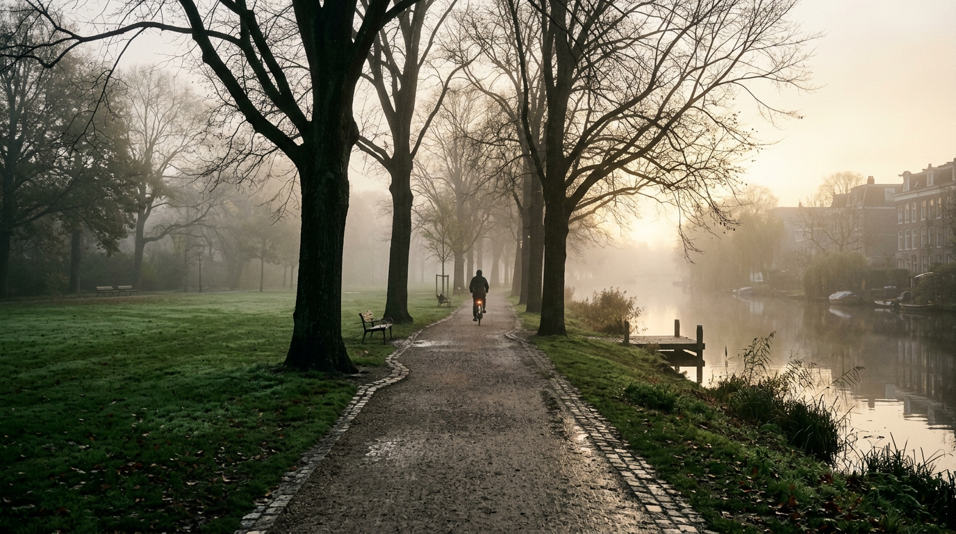 An Amsterdam park path through tall trees in soft morning fog