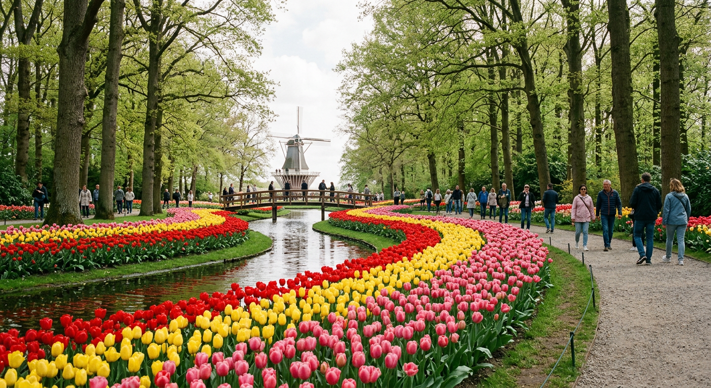Rivers of colourful tulips along a path at Keukenhof gardens